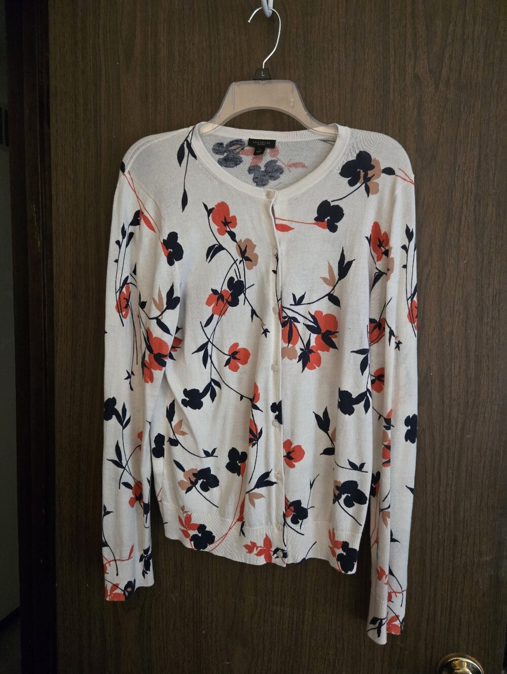 Ann Taylor Factory Cream Cardigan with Red, Black & Brown Floral Print